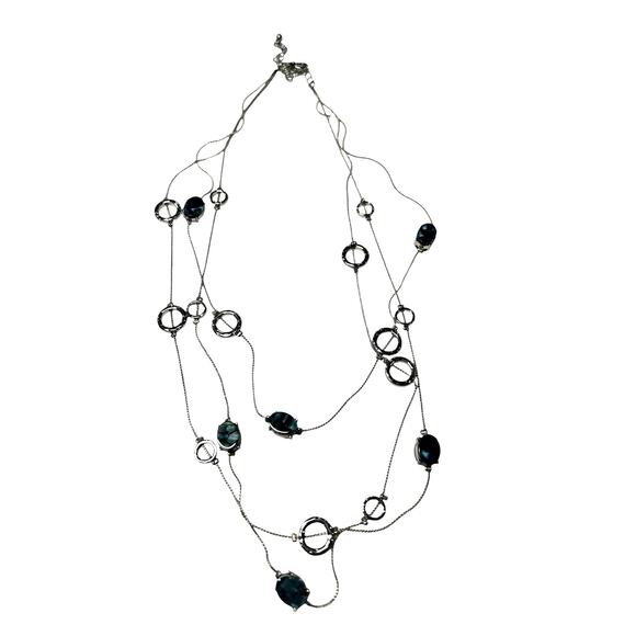 Triple Strand Silver Tone Necklace with Silver Tone Circles and Blue Oval Stones - Picture 1 of 3